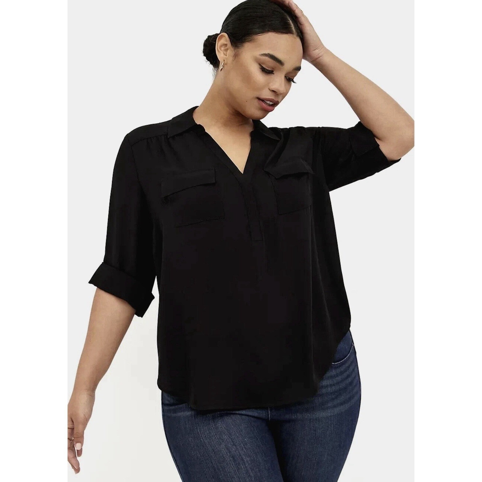 New Torrid Harper Black Georgette Split Neck Popover Long Sleeve Blouse 1x 14/16